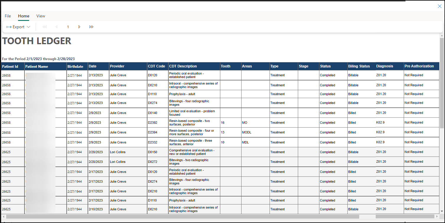 Example Tooth Ledger Report